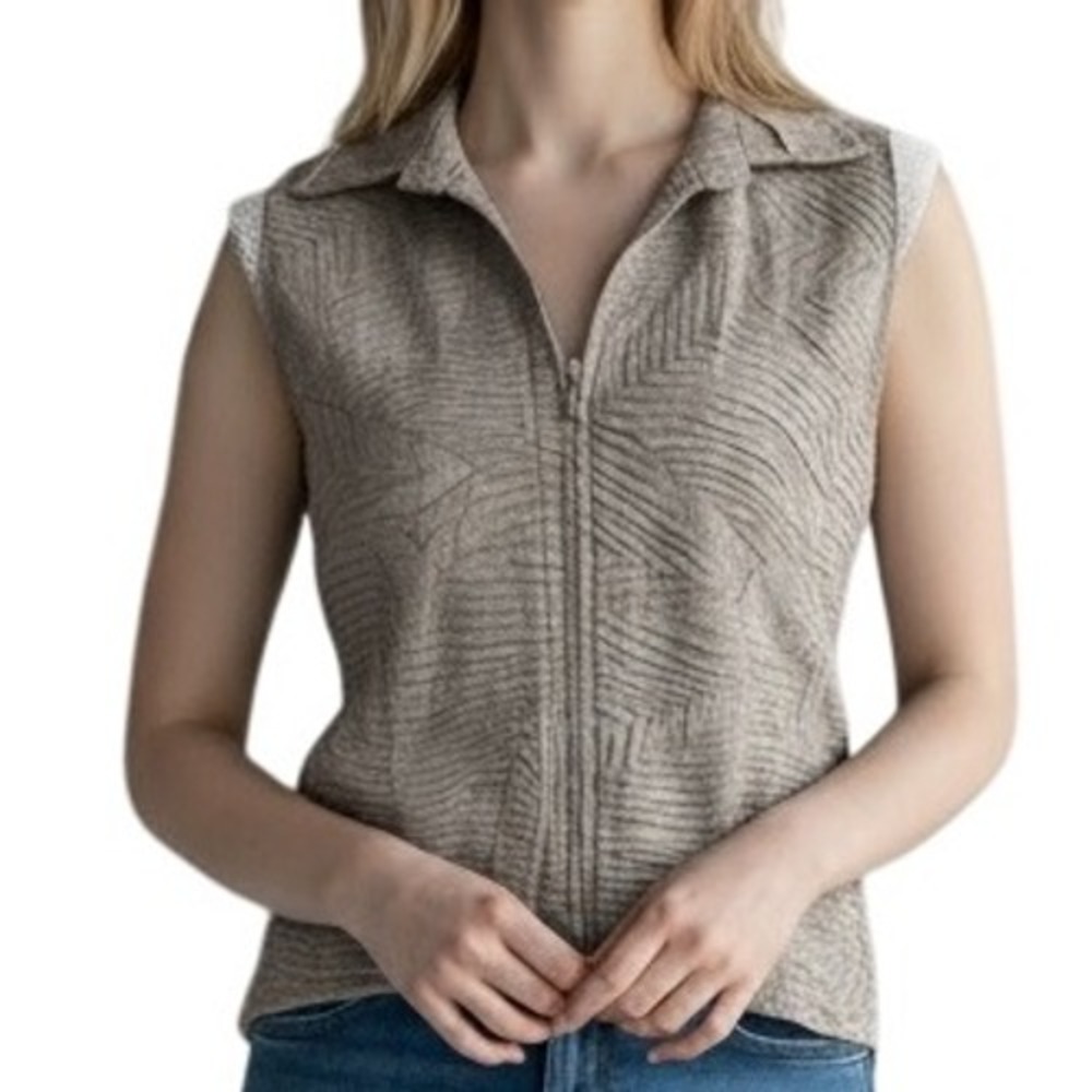 Christopher & Banks Textured Sleeveless Zip Vest Women's M Beige Neutral Silky‎